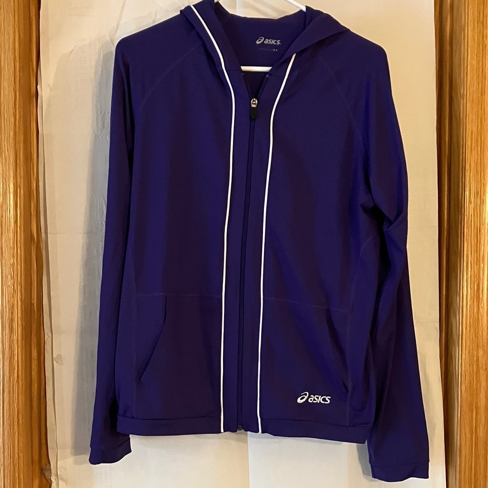 ASICS Womens Full Zip Hooded Sz L Purple Jacket w/White Stripes. Front pockets
